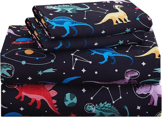 Kids Sheet Set Full Size, Full Sheet Set with Space Dinosaur Pattern，Breathable Silky Soft Microfiber Kids Fitted Sheet
