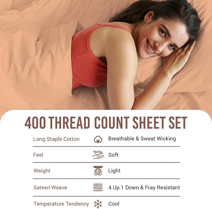 Pizuna Pure 100% Cotton Sheets RV Queen Size, Luxurious 400 Thread Count Long Staple Cotton Sateen Sheets with 15inch Deep Pocket (Combed Peach Cotton RV Queen Sheets Set)