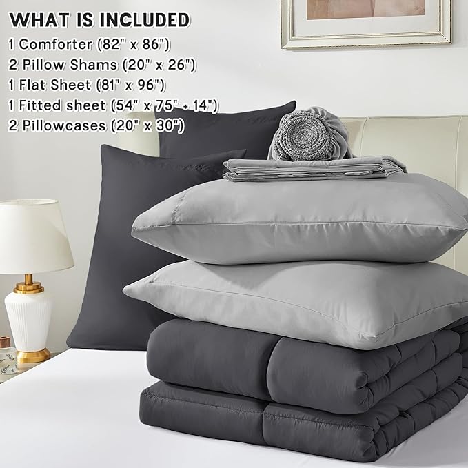 Anluoer Full Size Bed in a Bag 7 Pieces, Grey Bed Comforter Set with Sheets, All Season Bedding Sets with 1 Comforter, 2 Pillow Shams, 2 Pillowcases, 1 Flat Sheet, 1 Fitted Sheet