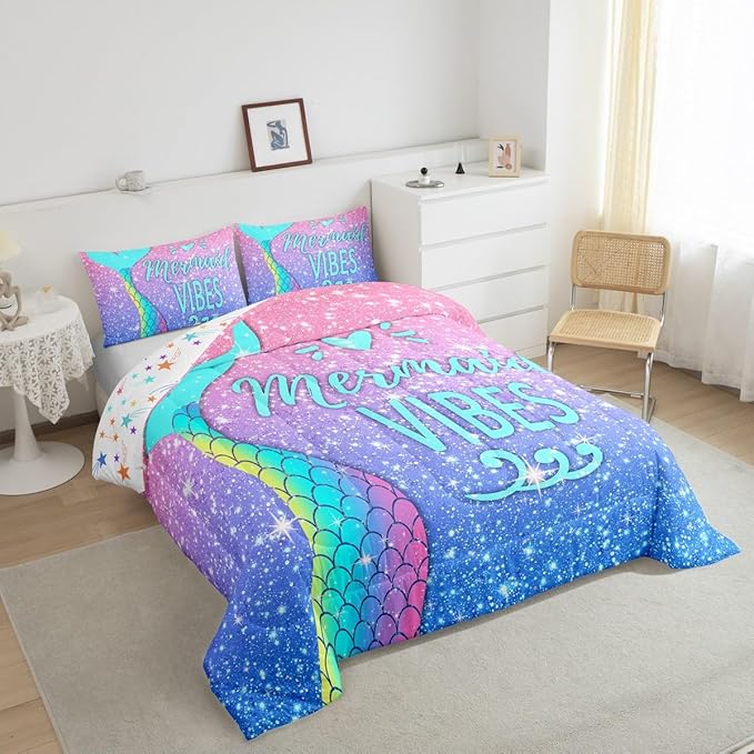 Girls Mermaid Tail Comforter Set Queen Kawaii Coastal Fish Scales Bedding Set Glitter Star Galaxy Comforter Blue Pink Pastel Ombre Set Princess Bed Set Ocean Animal Quilt Duvet 2 Pillowcases Teal