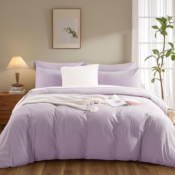 NEXHOME PRO Duvet Cover Set Queen Size Linen Feel Textured Organic Natural 100% Washed Cotton Duvet Cover Purple Lavender Lilac 3 Pieces Bedding Set Zipper Closure, Breathable, Soft (No Comforter)