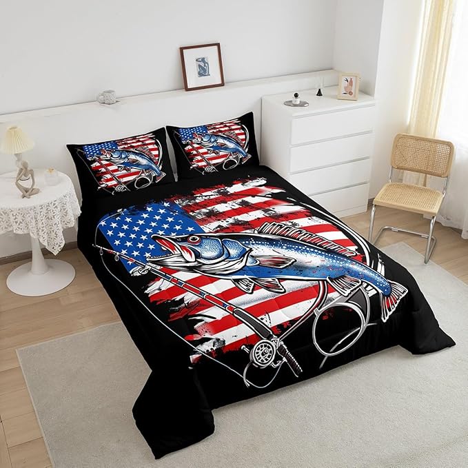Feelyou American Flag Comforter Set Farmhouse Fishing Bedding Set for Kids Boys Girls Teens Room Wild Fish Decor Comforter Red Blue Stripe Quilted Set 2Pcs Toddler Size