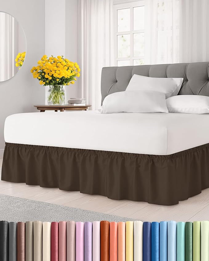 Wrap Around Dust Ruffle Bed Skirt - Brown - for King Size Beds with 12 Inch Drop - Easy Fit Elastic Strap - Adjustable Pleated Bedskirt w/Brushed Fabric - Wrinkle Free - for Women, Men, Kids & Teens
