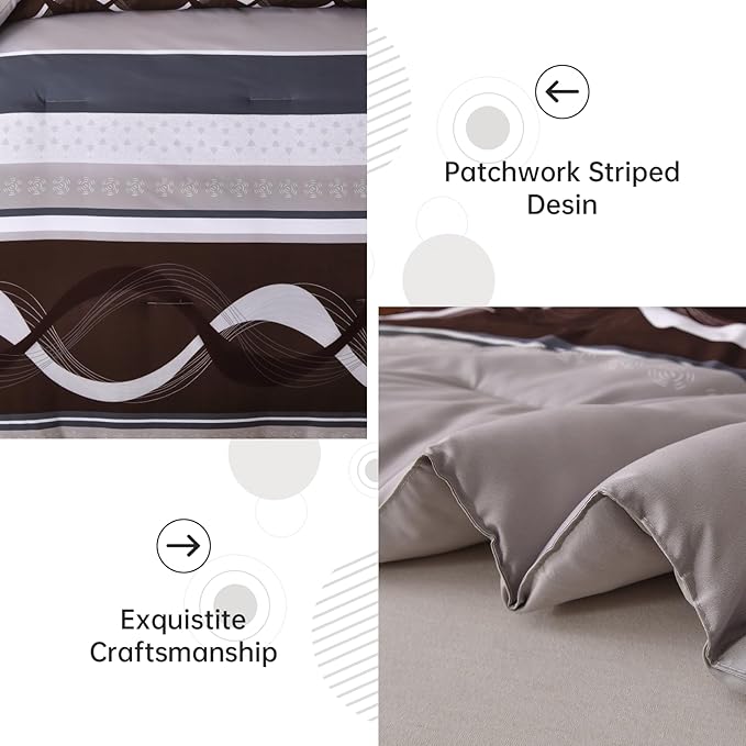 Anibedding Striped Comforter Set King Size,8 Pieces Bed in a Bag Beige and Brown Patchwork Bedding Sets,Boho Soft Microfiber Bedding Set for All Season(104"×90")