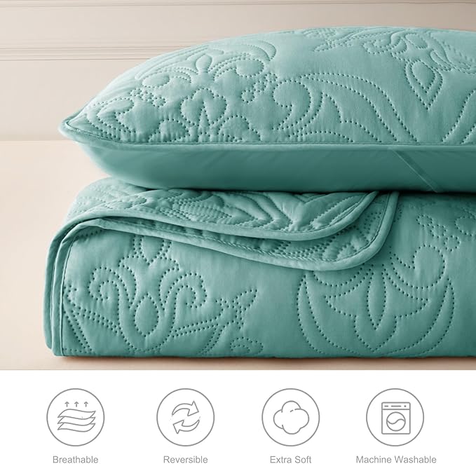 Whale Flotilla Soft King Quilt Bedding Set for All Seasons, Elegant Vintage Damask Ultrasonic Quilts Set, Lightweight Reversible Bedspread, Coverlet, Bed Cover with 2 Pillow Shams, Turquoise Green