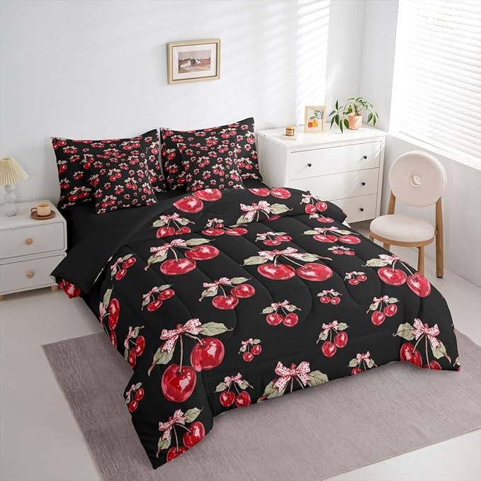 Feelyou Red Cherry Comforter Set with Sheets 7 Piece Twin Size Pink Bowknot Bedding Set for Kids Boys Girls Cartoon Cherry Bed in a Bag Cute Bow Room Decor Soft Lightweight Microfiber
