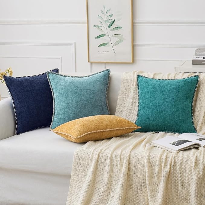 MIULEE Pack of 2 Couch Throw Pillow Covers 24x24 Inch Navy Blue Farmhouse Decorative Pillow Covers with Stitched Edge Soft Chenille Solid Dyed Spring Pillow Covers for Sofa Bed Living Room