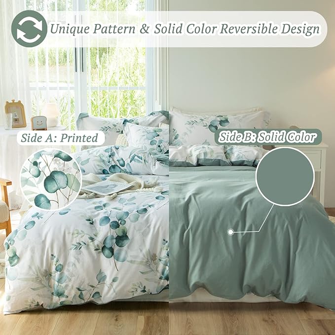 MILDLY Duvet Cover Leaf Pattern - 100% Washed Cotton Eucalyptus Printed Comforter Cover Sage Green Bedding Set with Zipper Closure 4 Ties Full Size