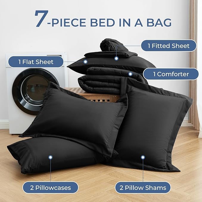 Sasttie King Size Comforter Set Black, 7 Pieces Bed in a Bag King, Complete Bedding Set Includes Comforter, Flat Sheet, Fitted Sheet, Pillowcases and Pillow Shams, Black