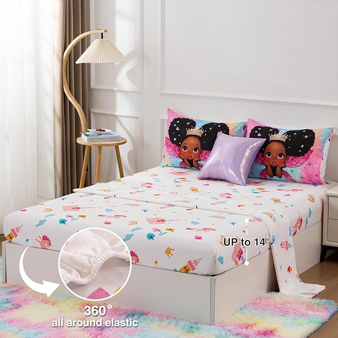 A Nice Night Black Girl Princess with Wings Comforter Set,Pink Gradient Glitter Rainbow Galaxy 6pcs Kids Bedding Set,Queen
