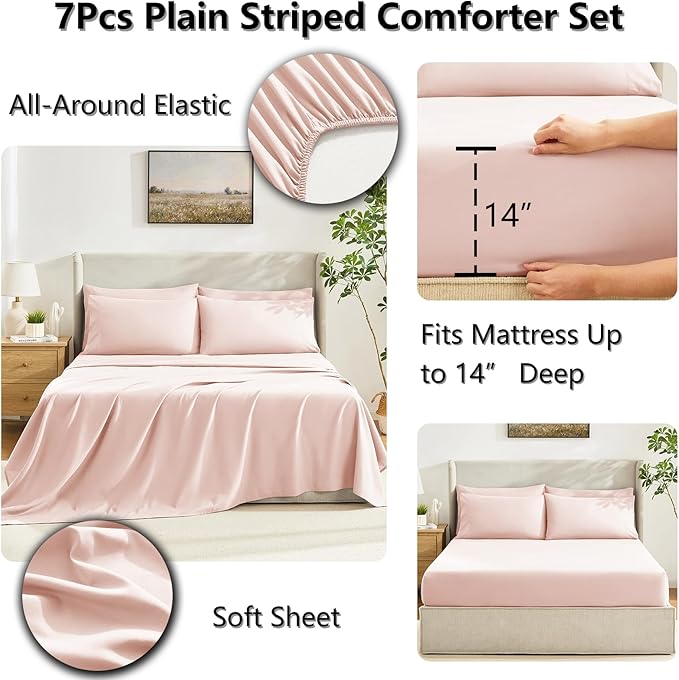 CozyLux Oversized Queen Comforter Sets Blush Pink, 7 Pieces Bed in a Bag, Ultra-Soft All Season Bedding Sets with Stitch Quilted Comforter, Flat Sheet, Fitted Sheet, Pillowcases, Blush Pink