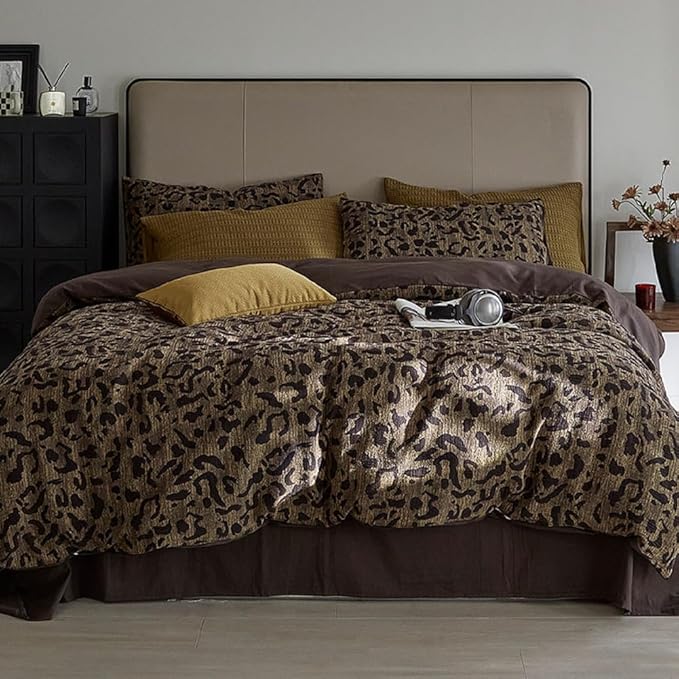 LifeTB Leopard Print Duvet Cover Full Yarn-Dyed Jacquard Cotton Duvet Cover Brown Leopard Pattern Comforter Cover Farmhouse Bedding Set Animal Cheetah Printed Comforter Cover with 2 Pillowcases