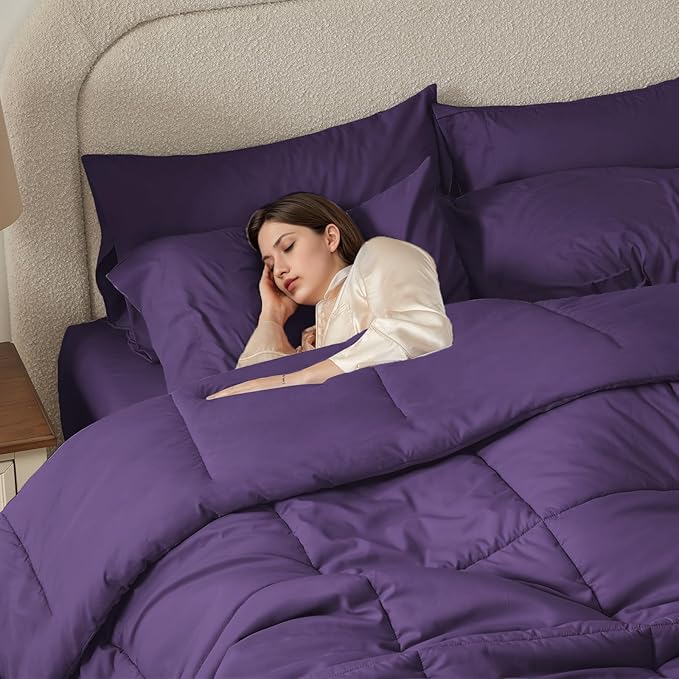 Anluoer Twin Comforter Set 5 Piece, Dark Purple Bed in a Bag with Sheets, Comforters Twin Size Bedding Sets with 1 Comforter, 1 Pillow Shams, 1 Pillowcases, 1 Flat Sheet,1 Fitted Sheet