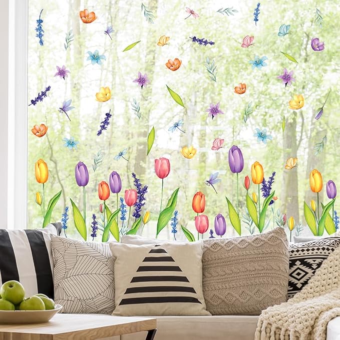 AKEROCK Spring Window Clings, Colorful Flower Static Window Stickers for Spring Decor, Decorations for Home