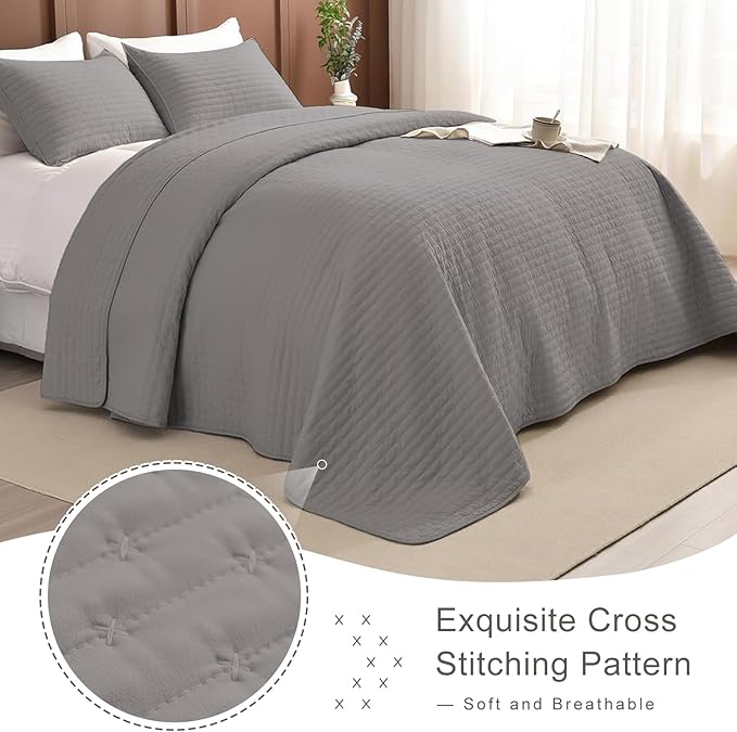 Lady Ann Gray Oversized King Bedspread 120x120, 3Pcs Extra Large Farmhouse Lightweight King Quilt Bedding Set Soft Quilted Bedspreads Thin Comforter for All Season