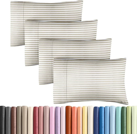 Queen Pillow Cases Set of 4 - Ultra Soft Hotel Quality Pillowcase Covers - Comfy, Cozy & Wrinkle Free - Shrinkage & Fade Resistant - Machine Washable Pillow Protectors - 4 Piece Set - Beige Stripes 2
