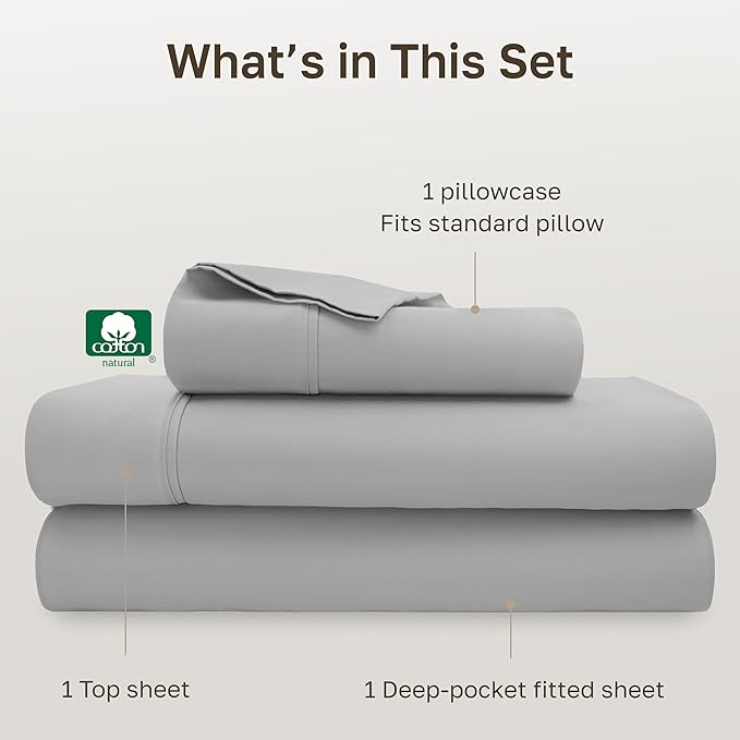 California Design Den Natural 100% Cotton Sheets, Twin XL Sheets Set, 400 Thread Count Sateen Bedding for Dorm Rooms & Adults, Deep Pockets, Durable - Light Grey