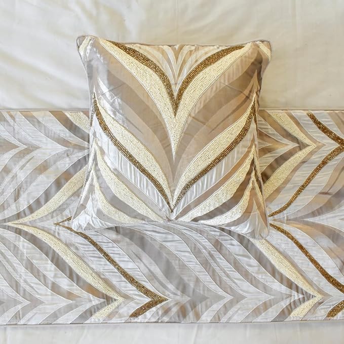The HomeCentric King/Queen/Twin Ivory Decorative Full 68"x18" Bed Runner Without Pillow Cover, Bead Hand Embroidery Bed Scarf on Jacquard Fabric - Clarissa Serene