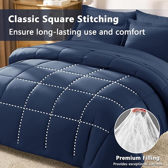 CozyLux Oversized King Comforter Sets Navy Blue, 7 Pieces Bed in a Bag, 120x98 Box Stitched Design Bedding Set, All Season Soft Bed Set with Down Alternative Comforter, Sheets, Pillowcases & Shams