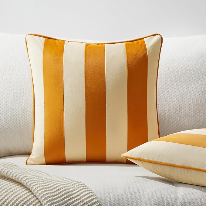 MONDAY MOOSE Decorative Throw Pillow Covers Cushion Cases, Set of 2 Soft Velvet Striped Piping Edge Designs, Pillow Inserts Not Included (18x18 inch, Honey/Cream)