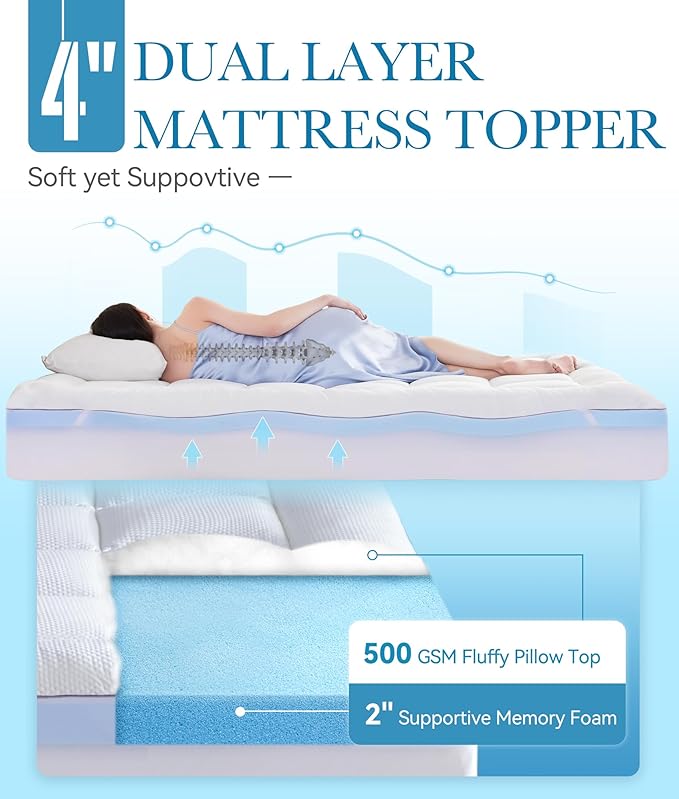 BDEUS Waterproof Dual Layer 4 Inch Memory Foam Mattress Topper Twin XL Size for Dorm Room, 2 Inch Gel Memory Foam Plus 2 Inch Down Alternative Quilted Pillow Top Mattress Pad Cover for Kids, Pets