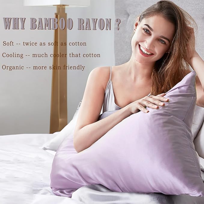 TELUS Pillow Cases Standard Size 2 Pack, Bamboo Rayon & Lyocell Pillowcase with Envelope Closure, Cooling Breathable Pillow Cover for Hot Sleeper & Night Sweats, 20x26 inch, Light Purple