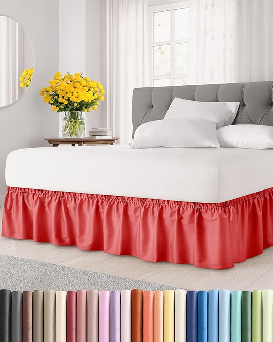 Wrap Around Dust Ruffle Bed Skirt - Red - for Full Size Beds with 12 Inch Drop - Easy Fit Elastic Strap - Adjustable Pleated Bedskirt w/Brushed Fabric - Wrinkle Free - for Women, Men, Kids & Teens