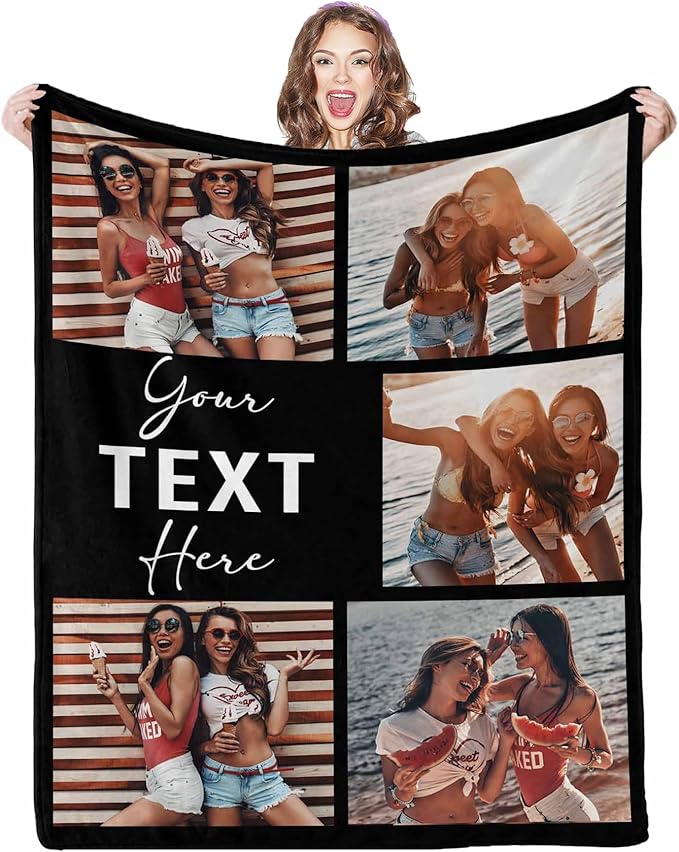Custom Blankets with Photos Text, 5 Photos Custom Picture Blanket Best Friend Blanket Personalized Friendship Blankets for BFF Sister,Teen Girls Besties on Birthday, 8 Sizes