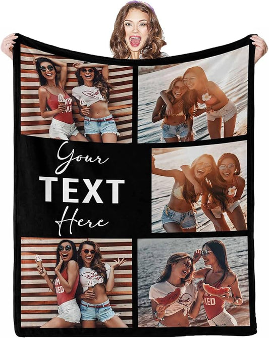 Custom Blankets with Photos Text, 5 Photos Custom Picture Blanket Best Friend Blanket Personalized Friendship Blankets for BFF Sister,Teen Girls Besties on Birthday, 8 Sizes