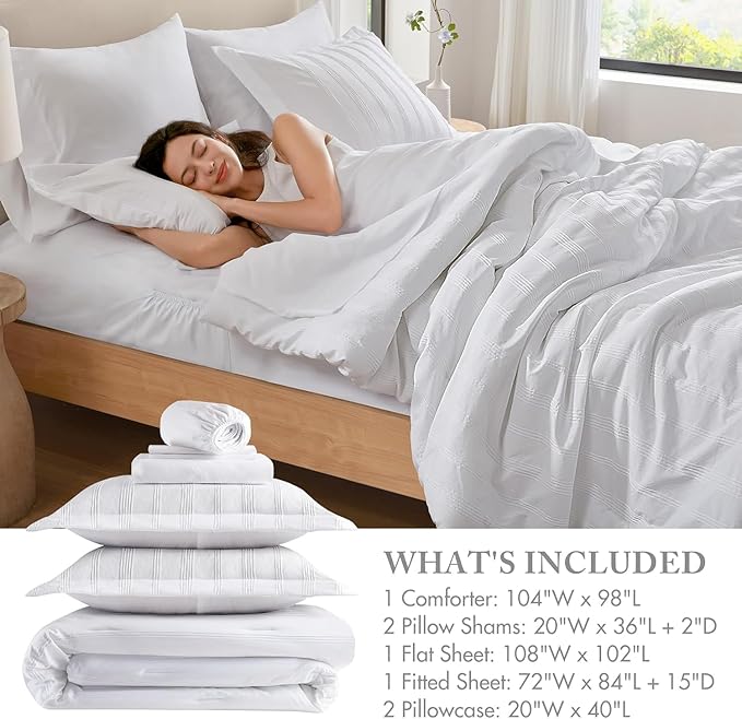 Madison Park Essentials Striped Comforter Set Cal King, 7 Pieces Modern Minimalist Jacquard Bedding Set for All Season, Bed in A Bag with Sheet Set and Soft Brushed Reverse, Lightweight White