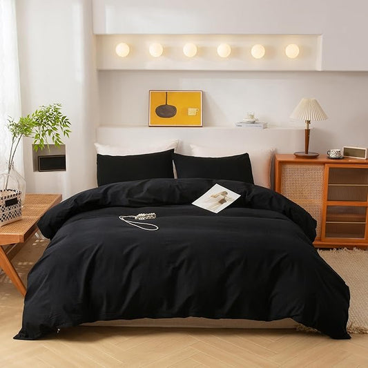 ECOCOTT 3 Pieces Duvet Cover King Size 100% Washed Cotton 1 Duvet Cover with Zipper and 2 Pillowcases, Ultra Soft and Easy Care Breathable Cozy Simple Style Bedding Set (Black,King)