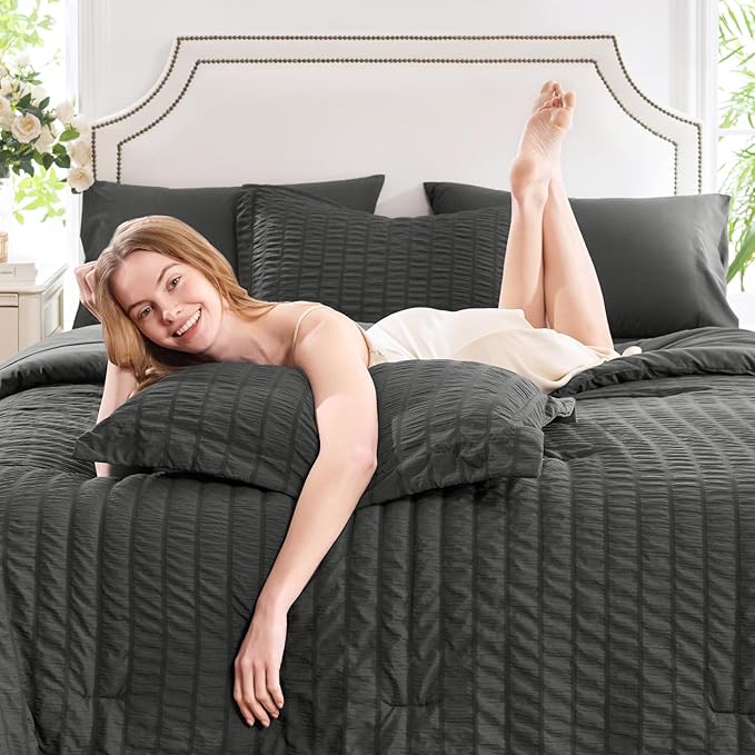 CozyLux Full Size Comforter Sets with Sheets Seersucker 7 Pieces Dark Grey Bed in a Bag Textured Luxury Soft Bedding Set with Down Alternative Comforter, Sheets, Pillowcases & Shams for All Seasons