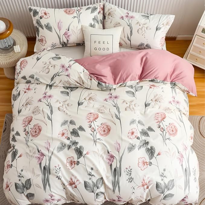 OAITE Duvet Cover Set King Size Floral Pattern 600 Thread Count Ultra Soft 100% Long Staple Cotton Duvet Cover Sets 3-PC, Breathable Duvet Cover with Zipper Closure & Corner Ties