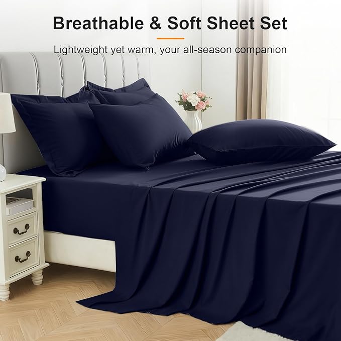 Queen Comforter Set 7 Piece - Soft Bed in a Bag Queen Size Comforter Sets, Cozy Bedding Sets with Down Alternative Comforter, Flat Sheet, Fitted Sheet, 2 Pillowcases & 2 Shams, Navy Blue