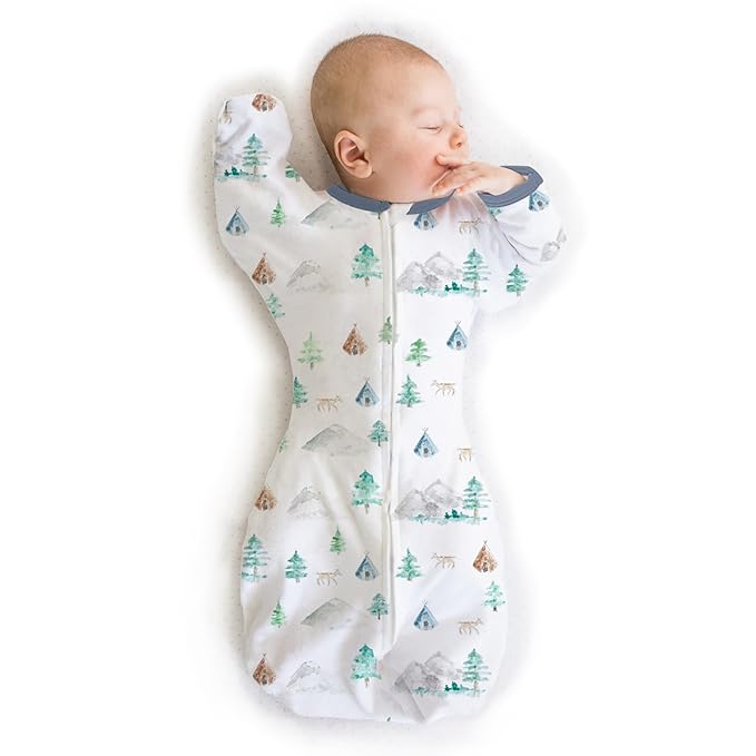 SwaddleDesigns Transitional Swaddle Sack, Arms Up Half-Length Sleeves & Mitten Cuffs, Swaddle for Newborn Transition to Baby Sleep Sack Wearable Blanket, 0-3 mo, 6-14 lb, Watercolor Mountains & Trees