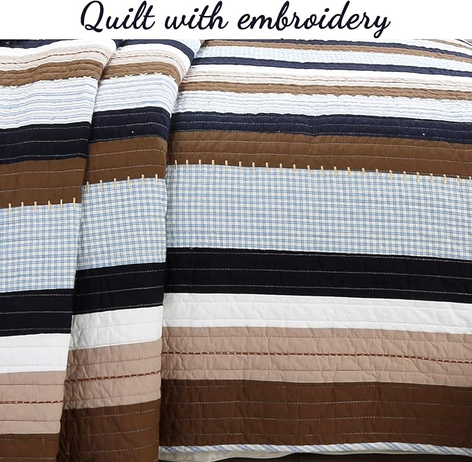 Cozy Line Home Fashions Sailor Navy Blue Star Striped Print Cotton Reversible Bedding Quilt Set (Nathan Stripe, Queen)