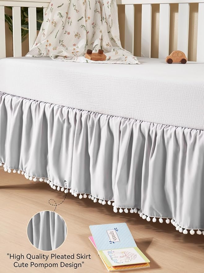 TILLYOU Baby Crib Skirt Girls Boys, Ruffled Bed Skirt with Pompoms, 28”x 52”, 14'' Drop, Gray