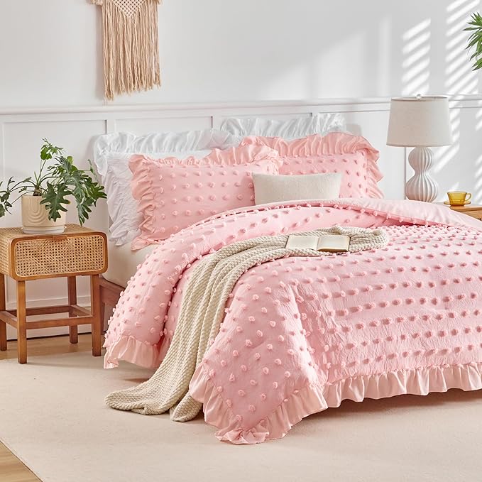 Flysheep Tufted Dots Ruffle Comforter Set King Size, 3 Pieces Pink Vintage Farmhouse Shabby Chic Comforters, Jacquard Boho Bohemian Bedding Set for All Season (1 Ruffled Comforter+ 2 Pillow Shams)