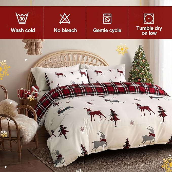 Lekesky Christmas Duvet Cover King Size,3 Pieces Reversible Red Plaid Reindeer Snowflake Holiday Bedding Set with Zipper Closure and Corner Ties(1 Duvet Cover 104x90 inches + 2 Pillowcases)