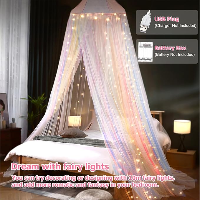 Bed Canopy with Lights, Bed Canopy for Girls Princess with Luminous Stars, Canopy Bed Curtains for Twin to King Size Bed, Baby Kids Adult Indoor Decor Bedroom Reading Nook Outdoor Camping, Rainbow