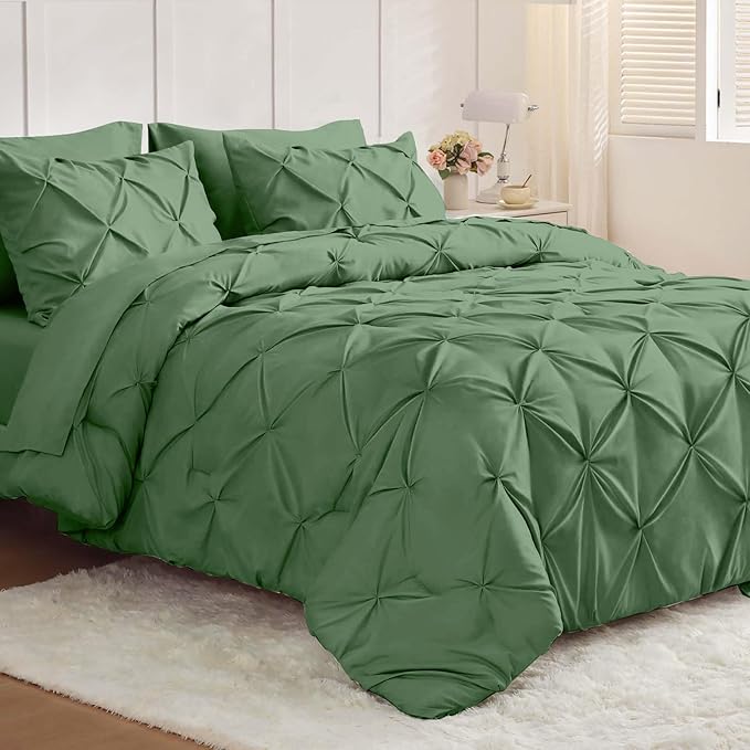 JOLLYVOGUE King Size Comforter Set 7 Pieces - Bed in a Bag King for All Season, Pintuck Bedding Comforter Sets with Comforter, Flat Sheet, Fitted Sheet and Pillowcases & Shams, Green