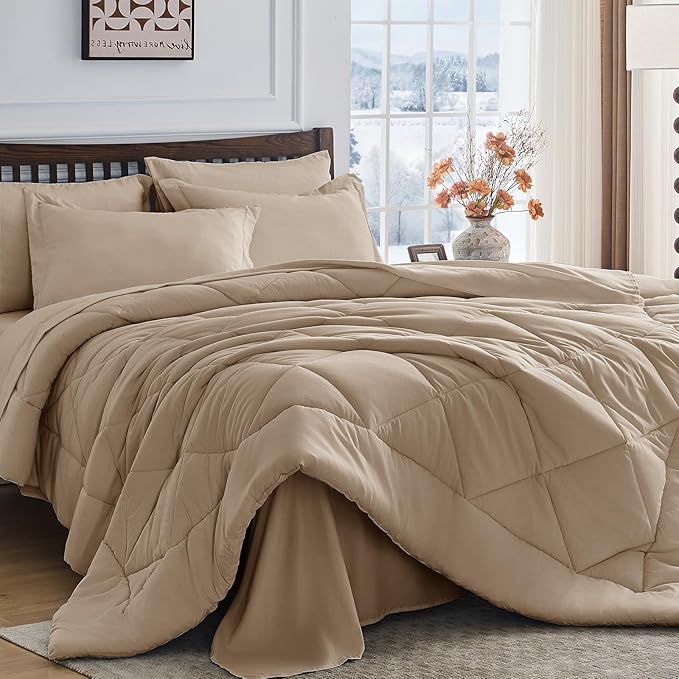 HEVUMYI Khaki Twin Comforter Set - 5-Piece All Season Bed in a Bag Twin, Ultra Soft Bedding Set with Comforter, Flat Sheet, Fitted Sheet, Pillowcases, Pillow Shams
