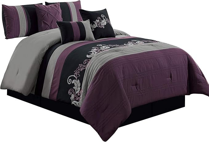 Chezmoi Collection Napa 7-Piece Luxury Leaves Scroll Embroidery Bedding Comforter Set (Oversized King, Purple/Black/Gray)