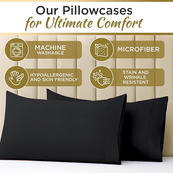 Twin XL 100% Microfiber Double Brushed Sheet Set - Extra-Soft & Wrinkle-Free - 15" Deep Pockets, 39" x 80" - Ideal for Dorms, Hospitals & Split King Beds - 3 PC Set (Twin XL, Black)
