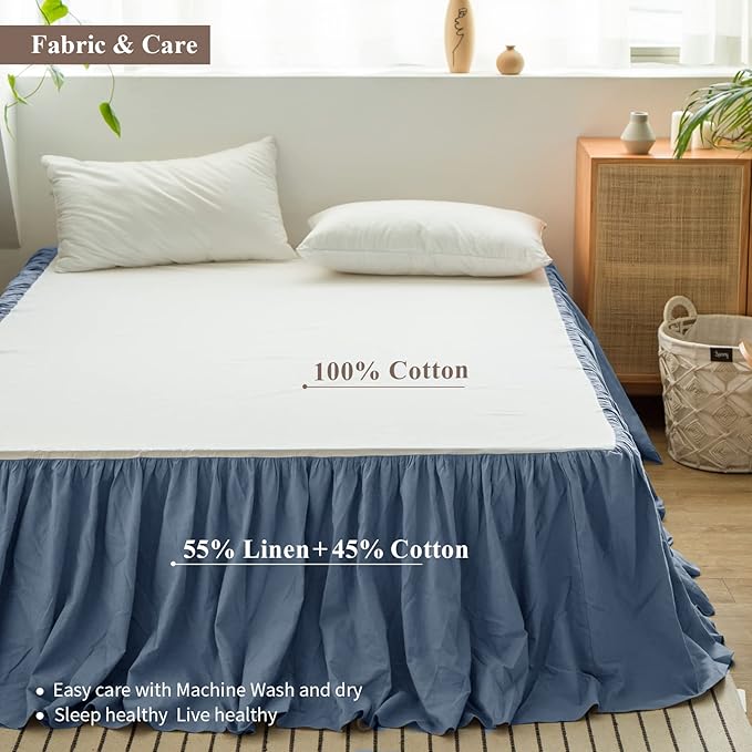 BISELINA French Linen Bed Skirt with Pleated Frills 14-Inch Tailored Drop Natural Flax Cotton Blend Dust Ruffle Soft Cozy Farmhouse Bedding (14" King, Navy Blue)