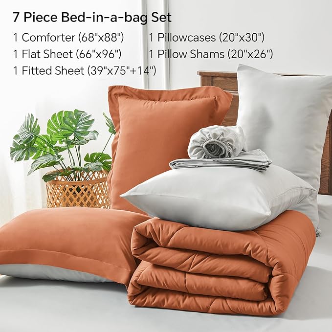 BEDELITE Twin Comforter Set 5 Pieces Bed in A Bag - Soft Microfiber Reversible Burnt Orange Bed Set with Comforters, Sheets, Pillowcase & Sham, Cozy Luxury Bedding Sets for All Season