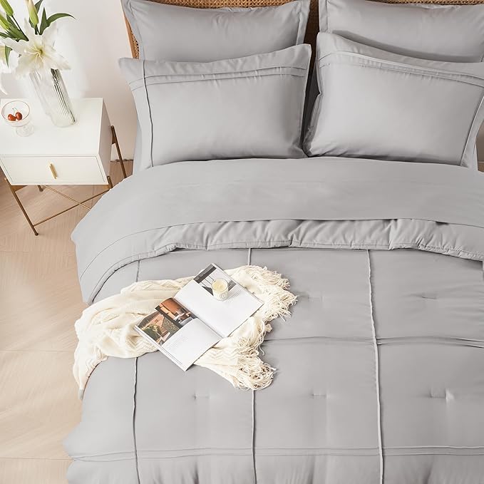 Yogeneg Full Size Comforter Set 7 Piece Bed in a Bag,Grid Pinch Pleat Grey Bedding Set,Striped Textured Soft Microfiber Comforter with Sheet Set,All Season Complete Bed Set(Grey,Full)