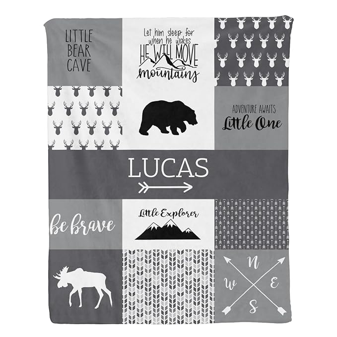 Custom Micro Fleece Baby Blanket for Boys with Double Layer, Breathable and Soft Lightweight Receiving Blanket for Newborns, 35x45 Inches, Woodland Bear, Gray