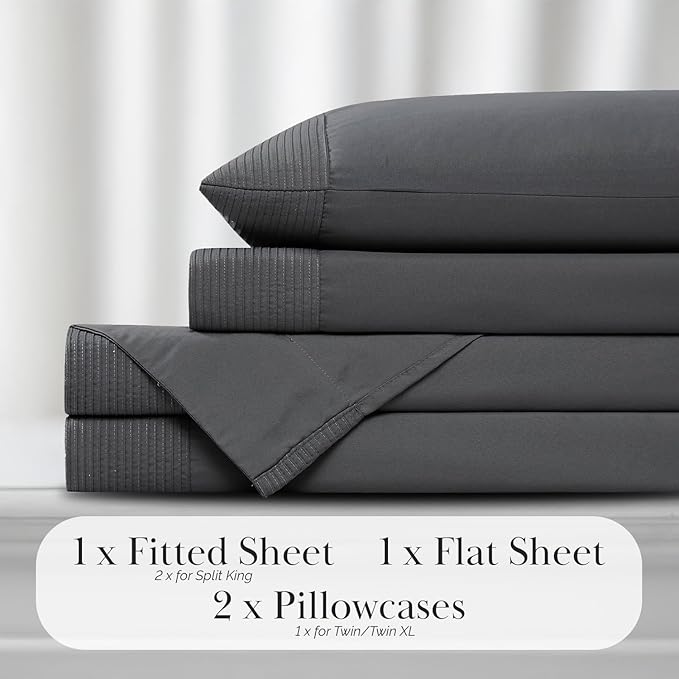 Southshore Fine Living, Inc. Vilano Pleats, 5-Piece, 21-Inch Extra Deep Pocket Sheet Set, Split-King Sheets with Flat Sheets and Pillowcase, Easy Care and Shrinkage-Free Deep Pocket Sheets, Slate