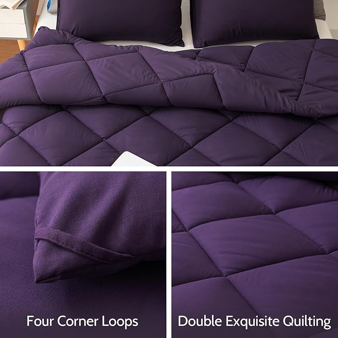 Decroom Lightweight Queen Comforter Set with 2 Pillow Sham - 3 Pieces Set - Quilted Down Alternative Comforter/Duvet Insert for All Season - Purple - Queen Size
